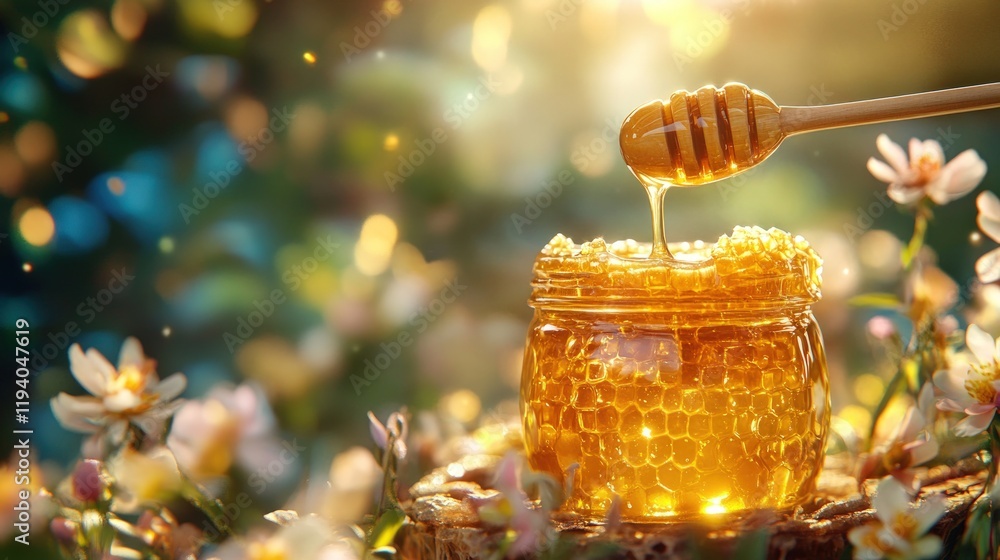 Honey pouring into jar, honeycomb texture, flowers, nature background. Honey pouring into jar, honeycomb texture, flowers, nature background.