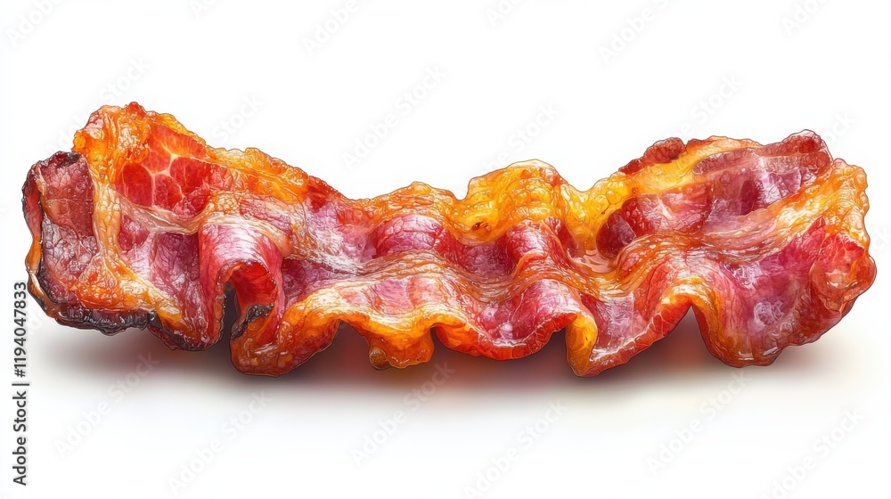 Crispy Curled Bacon Strip Isolated on White Background Ideal for Delicious Food Photography and Culinary Presentations Crispy Curled Bacon Strip Isolated on White Background Ideal for Delicious Food Photography and Culinary Presentations