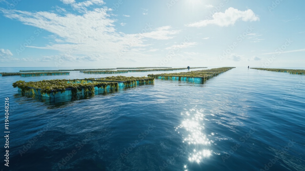 Obraz premium Vast ocean farm with nets full of seaweed, harvested for renewable biofuel. A blend of innovation and nature creating sustainable energy from the ocean