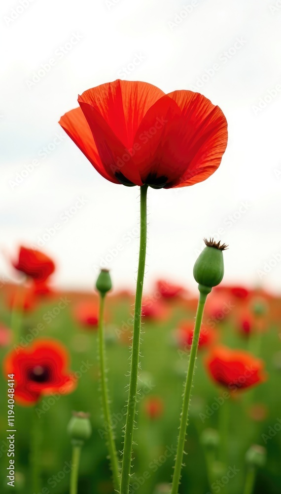 Obraz premium Long stem of Papaver rhoeas in a field of wildflowers, wildflower, isolated, botany