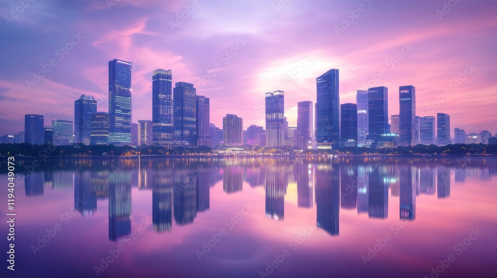 Cityscape sunrise reflection lake business district Cityscape sunrise reflection lake business district