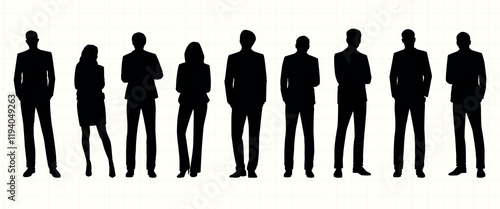 Silhouettes of diverse business professionals, men and women, standing confidently. Business attire, diverse group, professional silhouettes. People silhouettes, vector set.