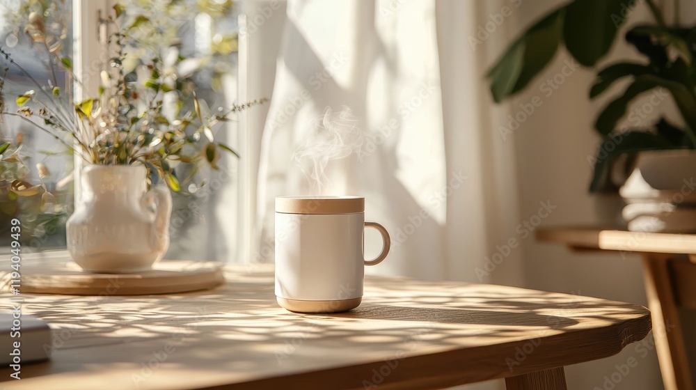 Steaming Coffee Mug on Breakfast Table with Natural Light Steaming Coffee Mug on Breakfast Table with Natural Light