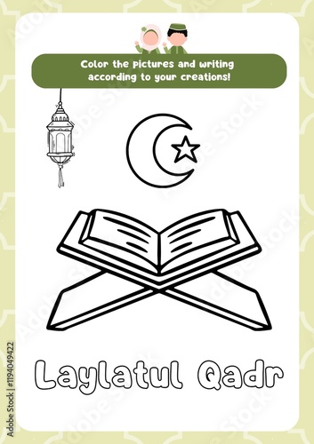 Ramadan theme coloring page. Children's coloring book, fun and educational material for kindergarten. Laylatul Qadr theme coloring. photo