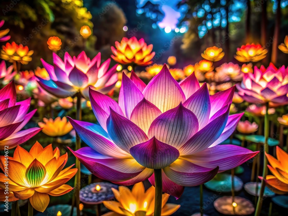 Naklejka premium Night Blooming Lotus Vesak Festival Macro Photography - Illuminated Flowers, Dark Background