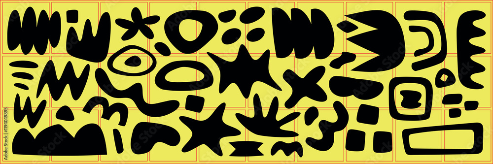 Abstract shapes in black on a yellow background. Various abstract shapes, black and yellow, form a pattern. Black shapes, yellow background, abstract design. Funky shapes vector set. Abstract shapes in black on a yellow background. Various abstract shapes, black and yellow, form a pattern. Black shapes, yellow background, abstract design. Funky shapes vector set.