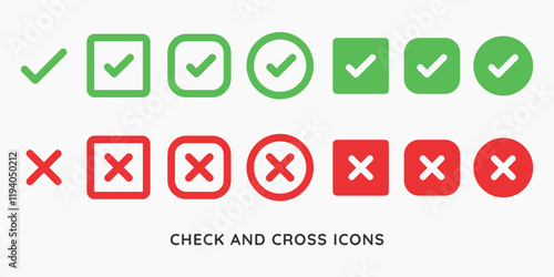 Set of green checkmark icons in various shapes: squares, circles, shields, and stars. Green checkmarks for approval, validation, and confirmation. Vector element set.