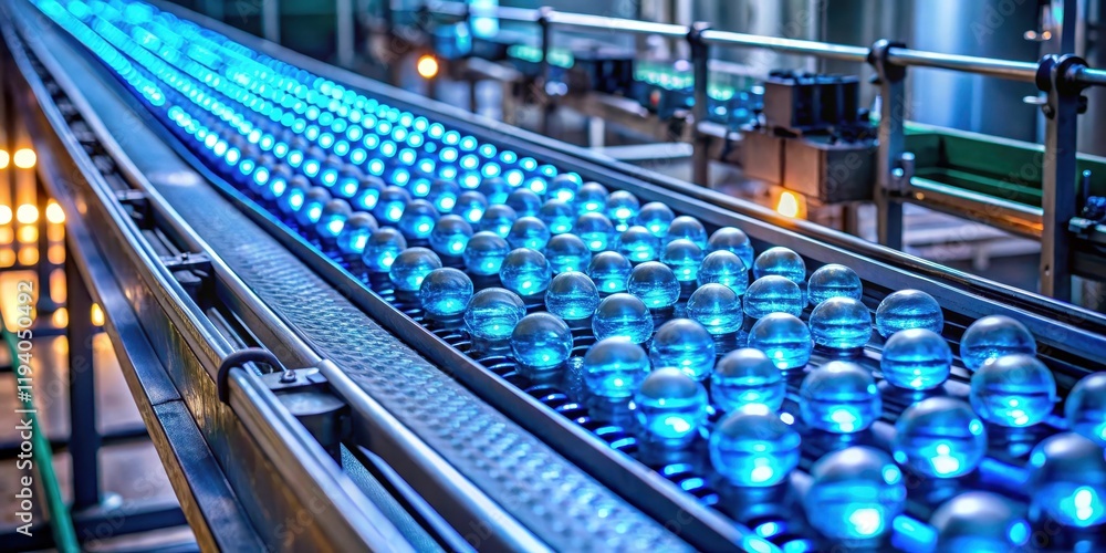 Fototapeta premium A Stream of Translucent Spheres Flowing Along a Conveyor Belt, Glowing with a Striking Blue Light