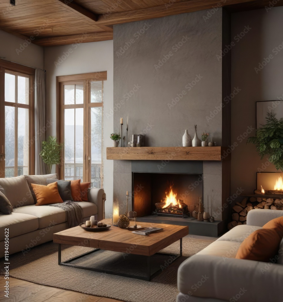 Fototapeta premium A cozy and inviting living room with a fireplace and comfortable seating, autumn leaves, comfortable seating, fall colors