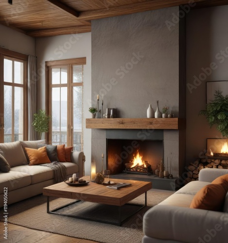 Wallpaper Mural A cozy and inviting living room with a fireplace and comfortable seating, autumn leaves, comfortable seating, fall colors Torontodigital.ca