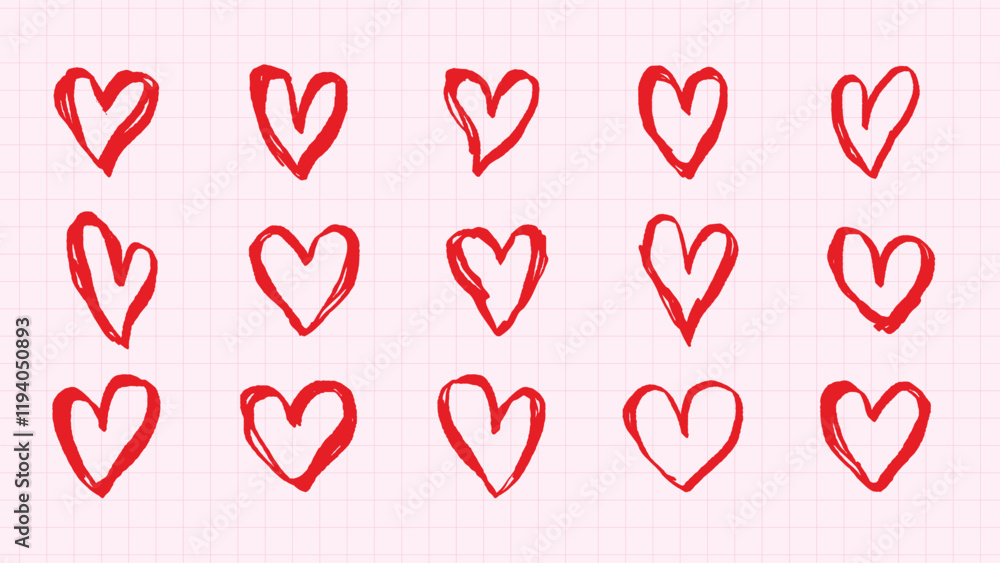 Grid of hand-drawn red hearts on a white background. Sketchy hearts in various styles. Red hearts, hand-drawn, sketched hearts, white grid background. Cute hand drawn Valentine's Day vector set. Grid of hand-drawn red hearts on a white background. Sketchy hearts in various styles. Red hearts, hand-drawn, sketched hearts, white grid background. Cute hand drawn Valentine's Day vector set.