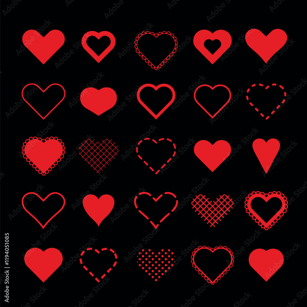 Set of 25 red heart icons on black background. Various heart shapes and patterns. Heart icons for design. Red hearts for decoration. Heart symbols collection. Valentine's Day elements, vector set. Set of 25 red heart icons on black background. Various heart shapes and patterns. Heart icons for design. Red hearts for decoration. Heart symbols collection. Valentine's Day elements, vector set.