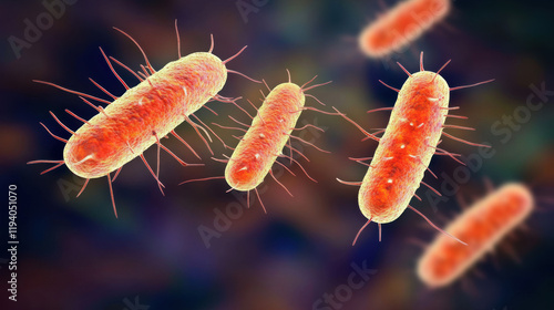 Close-up view of salmonella bacteria under a microscope, showcasing vibrant colors and rod-shaped structure, representing microbiology and scientific research concepts.