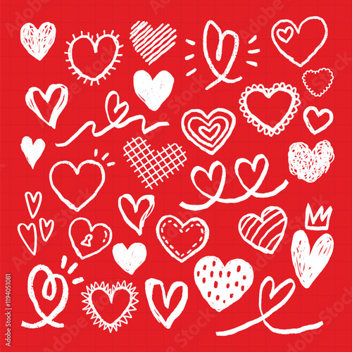 A vibrant red background with various white heart doodles. Heart shapes, love symbols, and romantic designs fill the space. Heart doodles on red. Cute hand drawn Valentine's Day vector set.