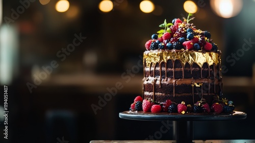 A decadent triple-layered chocolate cake adorned with edible gold leaf, Cake positioned off-center, Dramatic spotlight overhead photo