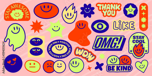 Colorful stickers with smiley faces, positive messages like 'Stay Awesome,' 'Thank You,' 'OMG,' and 'Be Kind' Bright, fun, and uplifting designs Funky stickers, vector set