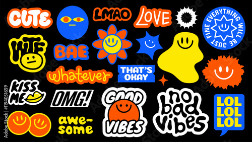Colorful stickers with playful phrases like 'cute', 'love', 'good vibes', and 'LOL' Bright designs with smiley faces and positive words Fun and vibrant vibes Funky stickers, vector set