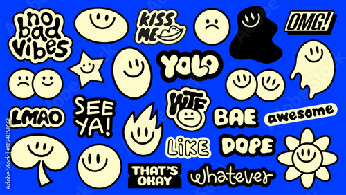 Colorful stickers with phrases like 'no bad vibes', 'YOLO', 'awesome', and 'whatever' Smiley faces and fun designs create a playful vibe Funky stickers, vector set