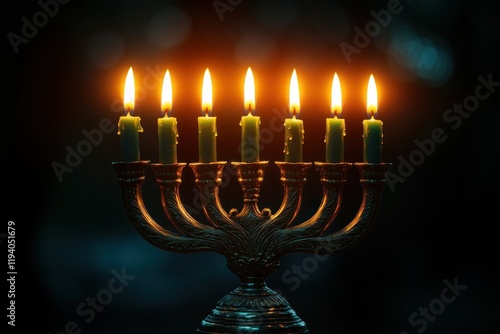 Hanukkah Traditions and Celebrations Light One Candle Menorah Serene Twilight Scene photo