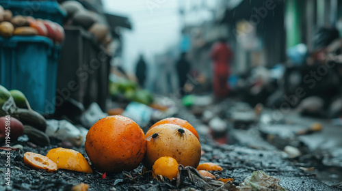 Lost and Found: A poignant close-up of discarded fruit amidst a bustling street market, the vibrant orange hues contrasting with the grey concrete and blur of daily life. photo