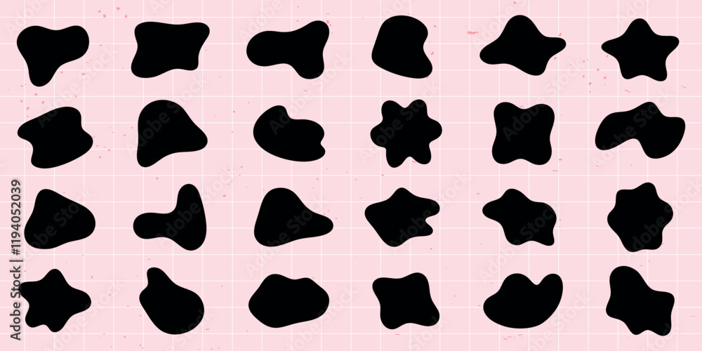 Fototapeta premium Abstract black shapes on a pink grid background. Various abstract forms, black shapes, and grid patterns create a unique visual. Abstract and creative design. Black shape vector set.