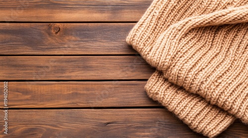 Cozy Knitted Sweater on Warm Wooden Table Background photo