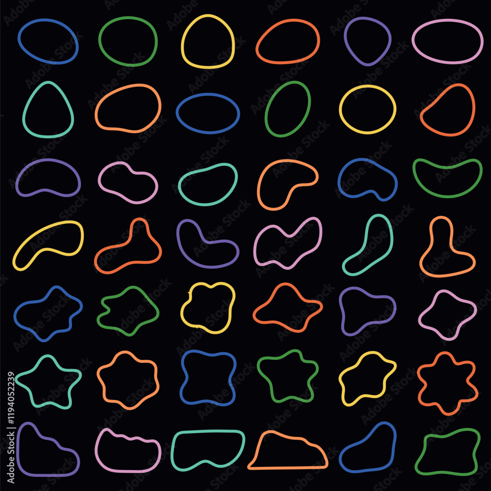 Colorful abstract shapes on a black background. Neon shapes in various forms. Bright shapes, abstract shapes, and neon outlines create a vibrant pattern. Colorful shapes, vector element set. Colorful abstract shapes on a black background. Neon shapes in various forms. Bright shapes, abstract shapes, and neon outlines create a vibrant pattern. Colorful shapes, vector element set.