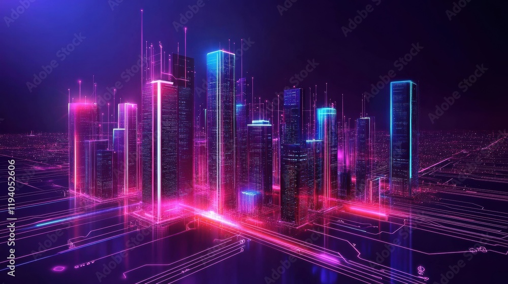 Glowing skyscrapers illuminate vibrant cityscape at night with neon lights and futuristic architecture. Generative AI Glowing skyscrapers illuminate vibrant cityscape at night with neon lights and futuristic architecture. Generative AI