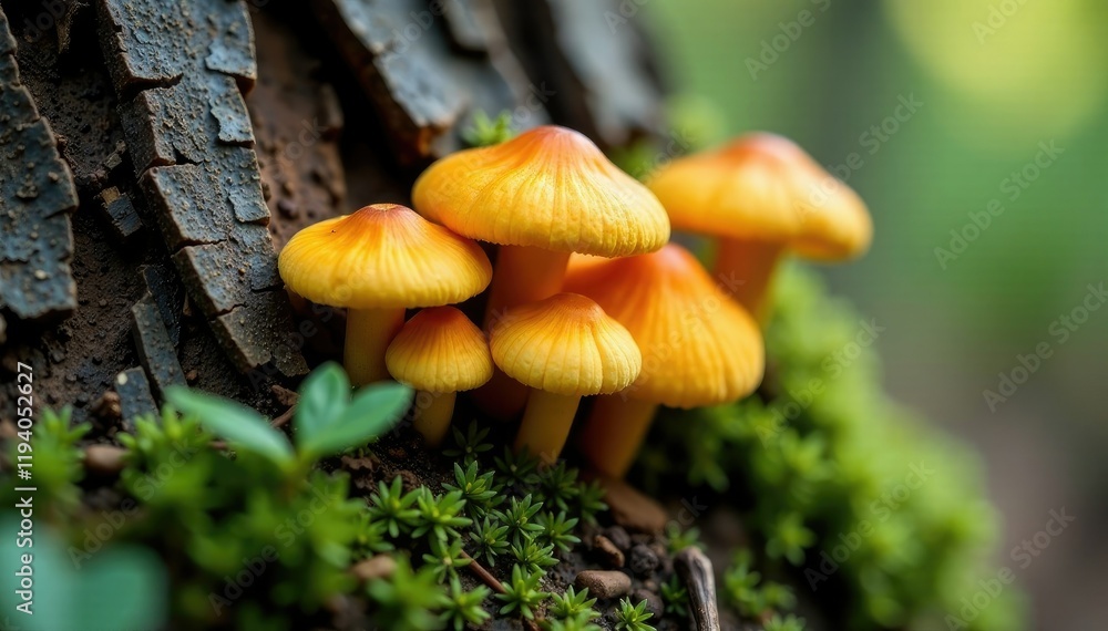 Saffron milk caps nestled in the crevices of tree bark, nature, texture Saffron milk caps nestled in the crevices of tree bark, nature, texture