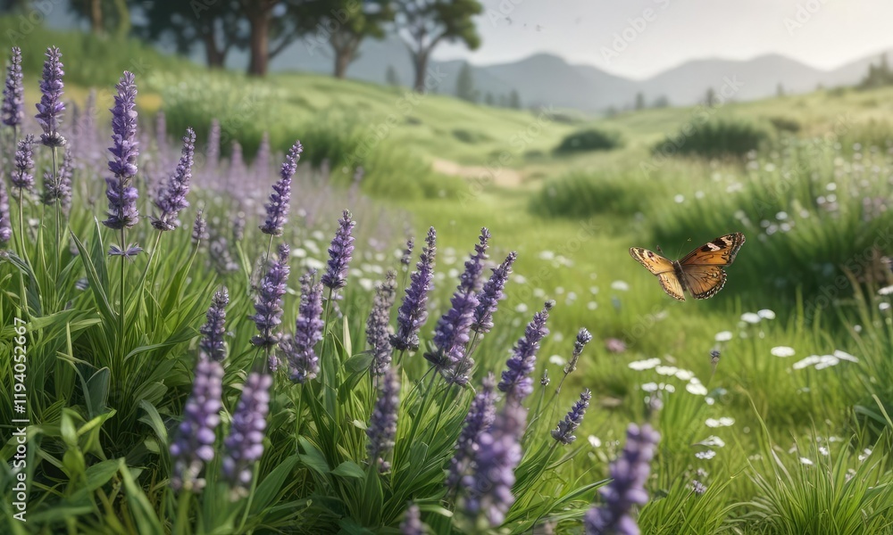 Obraz premium a lush green meadow with a sprinkling of fresh lavender blooms and a few butterflies fluttering about, lavender flowers, wildflowers