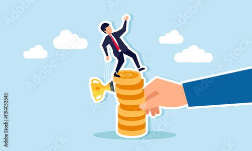 A businessman tries to balance standing on a stack of dollar coins damaged by a hand while accidentally dropping a trophy, illustration of achievements lost due to financial instability