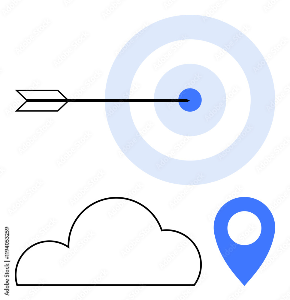Arrow hitting bullseye with two concentric circles, a cloud outline, and a blue location pin. Ideal for themes of goal setting, accuracy, navigation, focus, cloud computing, location tracking Arrow hitting bullseye with two concentric circles, a cloud outline, and a blue location pin. Ideal for themes of goal setting, accuracy, navigation, focus, cloud computing, location tracking