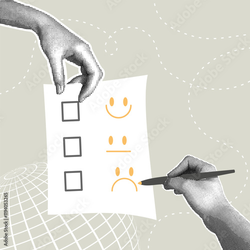 Fancy halftone collage. Conceptualizing a review, customer feedback, customer evaluation, profitability evaluation,service concepts. A hand with a pencil scoring a questionnaire with a satisfied