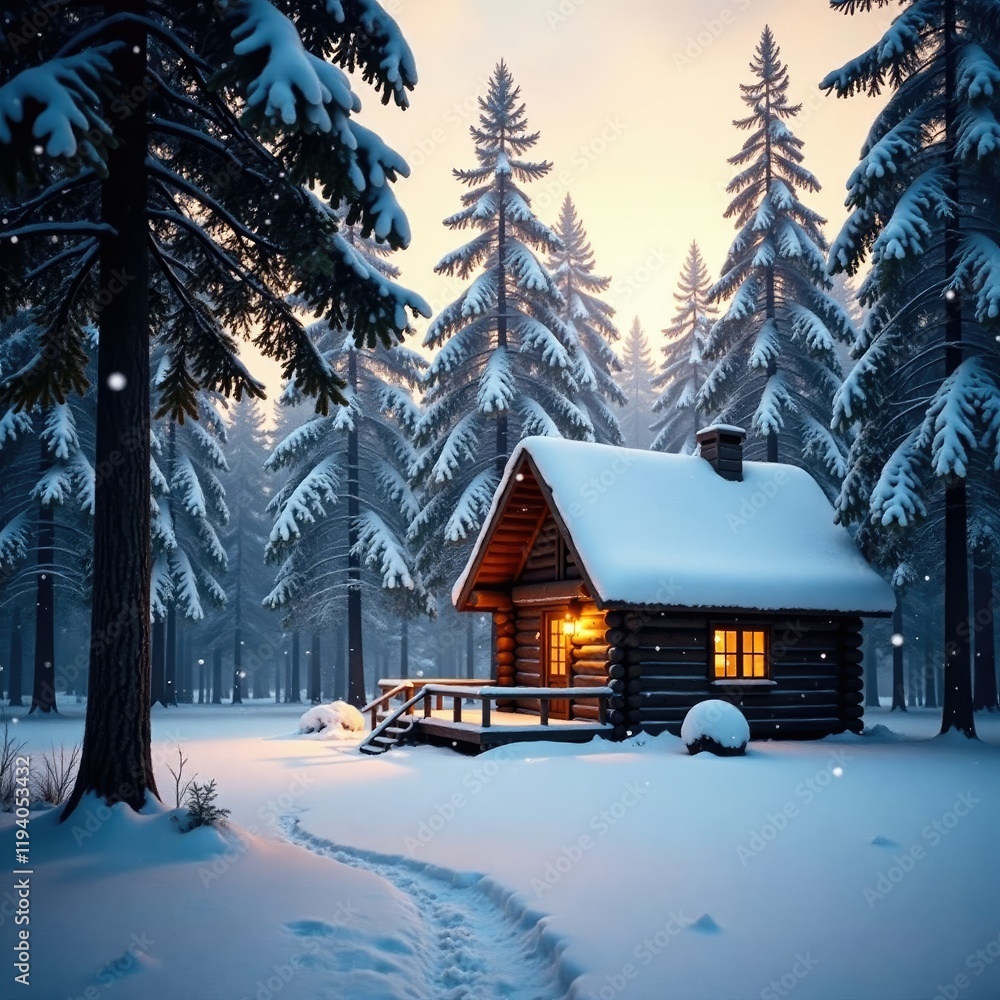 Naklejka premium Snowflakes gently fall on a secluded cabin in the woods, peaceful, winter