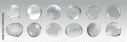 Transparent bubbles floating, various sizes. Clear bubbles on a transparent background. Light blue bubbles create a floating effect. Bubbles in motion. Soap bubble element vector set.