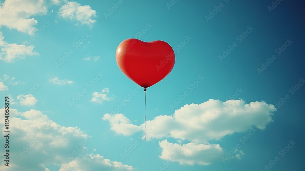 Red heart-shaped balloon floats in a vibrant blue sky with fluffy white clouds. Red heart-shaped balloon floats in a vibrant blue sky with fluffy white clouds.