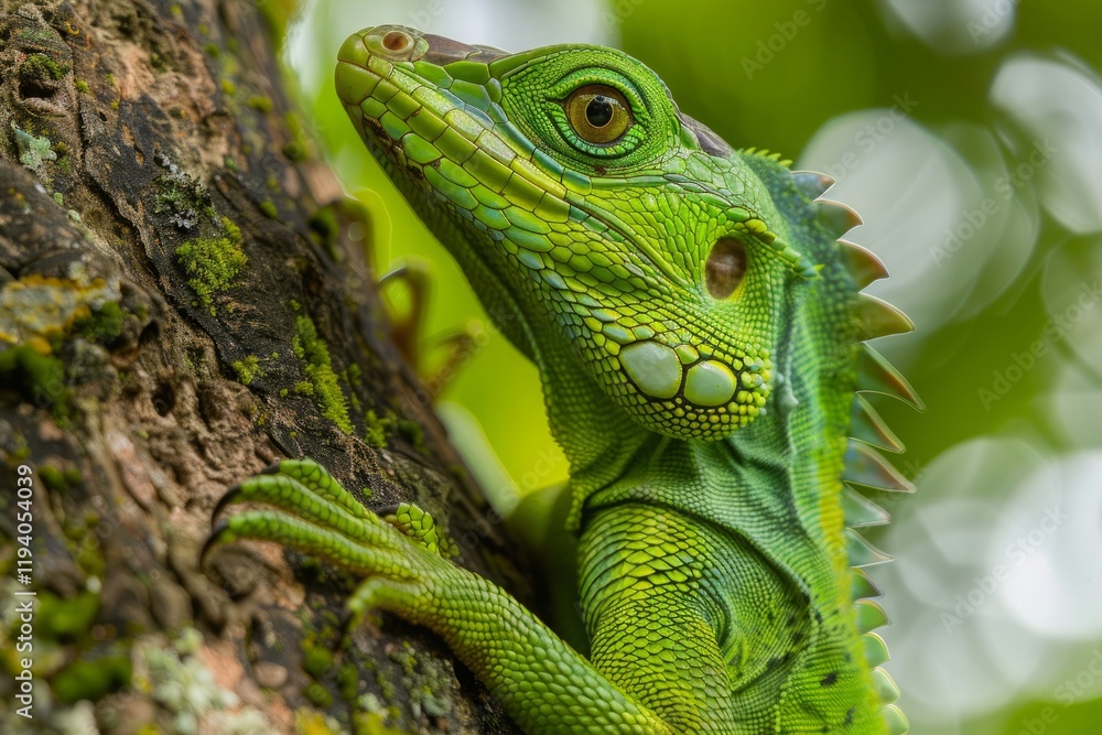 Obraz premium Close-up view of a green Plumed basilisk Lizard (Basiliscus plumifrons) on the tree, focus on eye, with shallow depth of field
