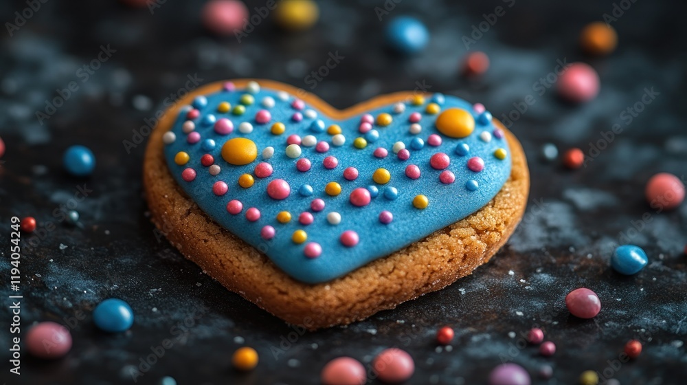 Close-up of a heart-shaped cookie with blue icing and colorful sprinkles on a dark surface. Close-up of a heart-shaped cookie with blue icing and colorful sprinkles on a dark surface.