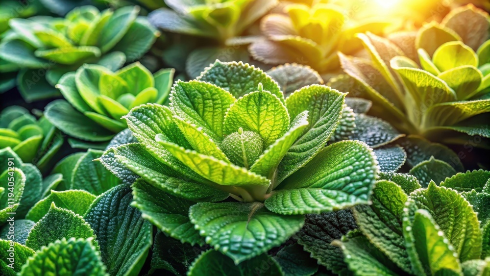 Obraz premium A symphony of emerald leaves, each a delicate canvas for shimmering dew drops, bathed in the golden glow of the afternoon sun.