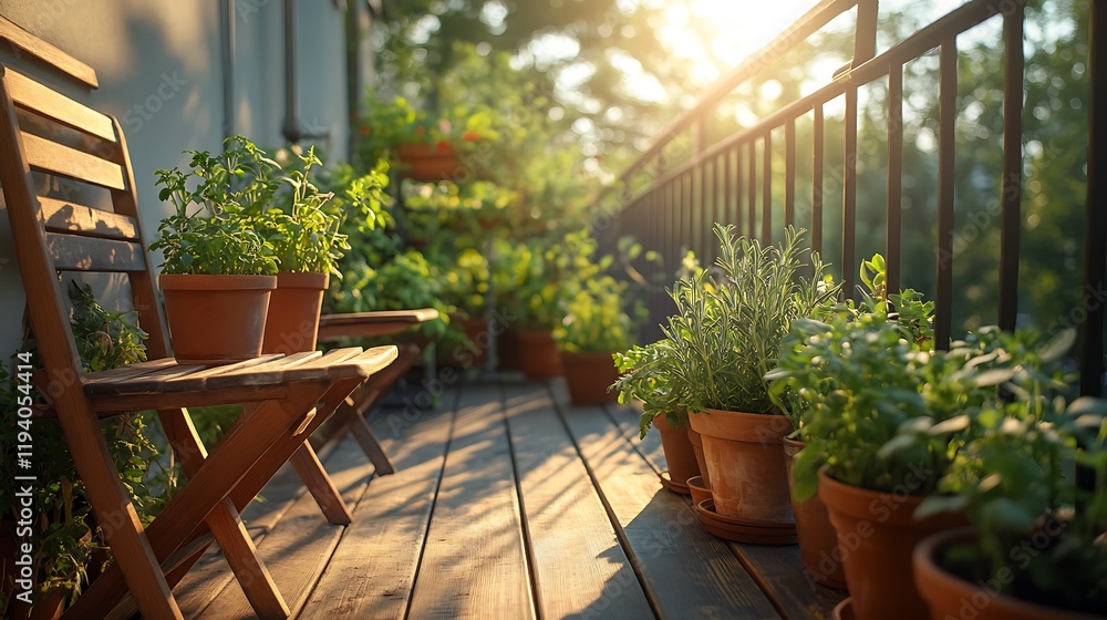 Fototapeta premium A charming herb balcony garden featuring terracotta pots filled with fragrant herbs like thyme, oregano, and parsley, sunlight casting gentle shadows,
