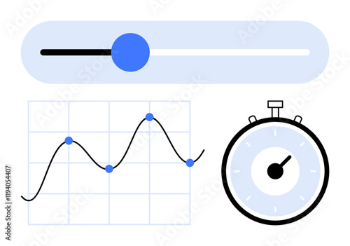 Slider line graph with data points, stopwatch. Ideal for data analysis, performance tracking, efficiency optimization, productivity improvement, time management, progress monitoring, strategic