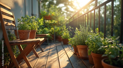 A charming herb balcony garden featuring terracotta pots filled with fragrant herbs like thyme, oregano, and parsley, sunlight casting gentle shadows,