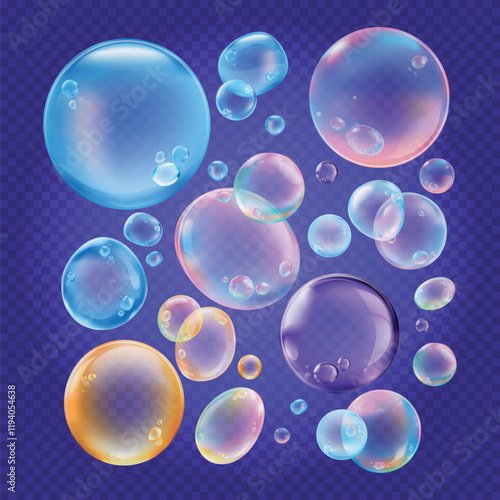 Colorful bubbles on a transparent background. Bubbles in various sizes, vibrant and translucent. Floating bubbles create a playful, colorful scene. Soap bubble element vector set.