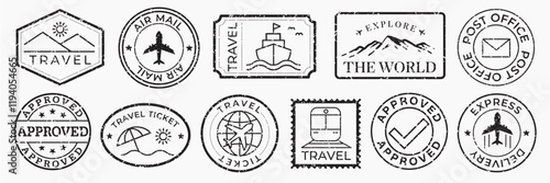 Vintage travel stamps with travel themes. Air mail, travel, and approved stamps. Travel icons include planes, ships, and trains. Explore the world with travel stamps. Black travel stamps, vector set.