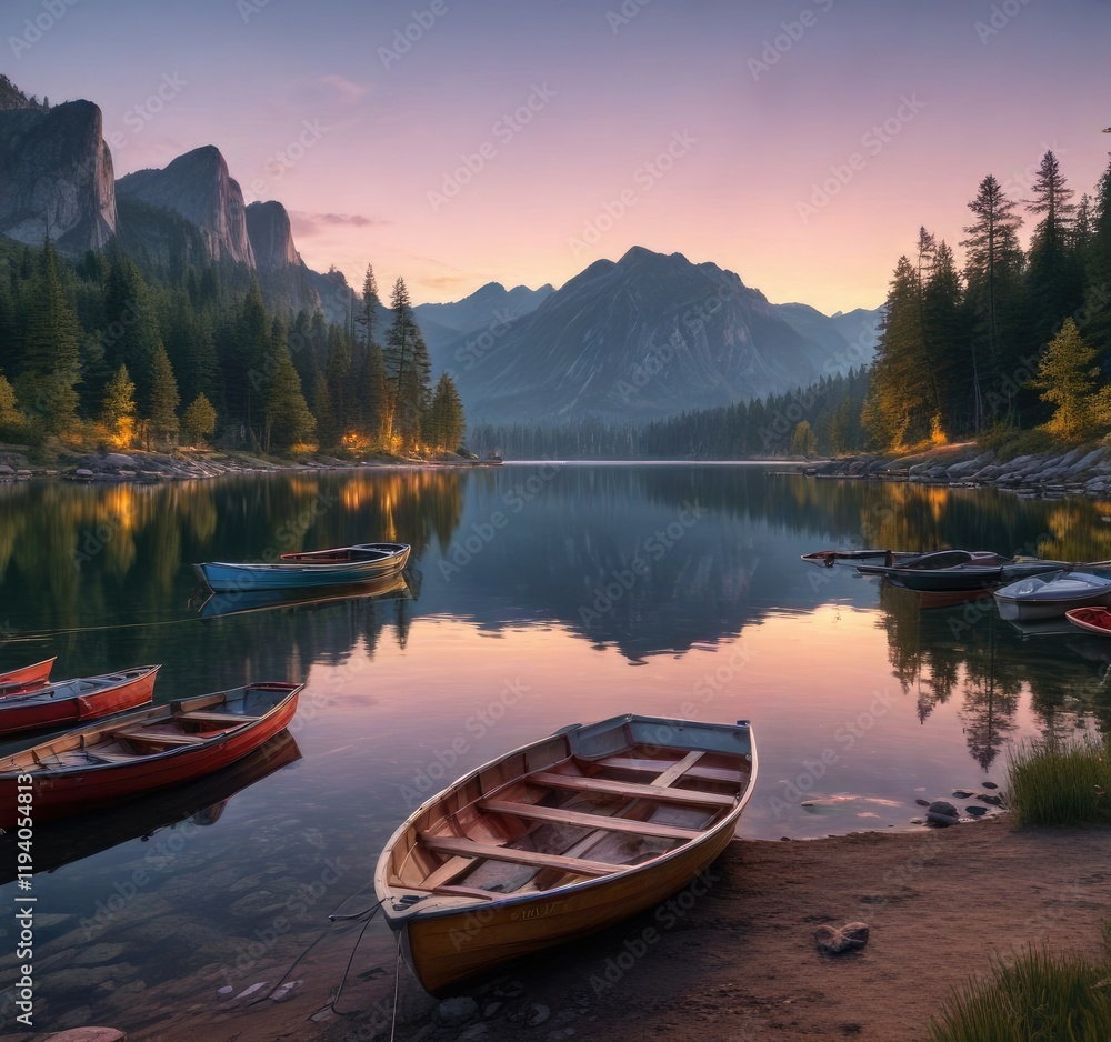 A peaceful lake at dusk with a few boats and a campsite on the shore, dusk, campsite A peaceful lake at dusk with a few boats and a campsite on the shore, dusk, campsite