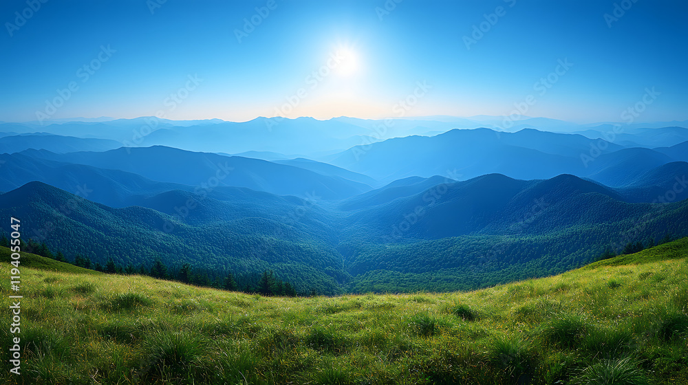 A beautiful sunset over a mountain range with a field of tall grass. The sky is a mix of orange and blue hues, creating a serene and peaceful atmosphere. The sun is setting behind the mountains A beautiful sunset over a mountain range with a field of tall grass. The sky is a mix of orange and blue hues, creating a serene and peaceful atmosphere. The sun is setting behind the mountains