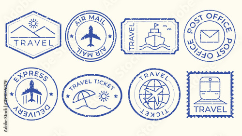 Set of blue travel-themed stamps featuring airplanes, ships, and travel icons. Includes air mail, express delivery, and approved stamps. Travel stamps collection. Blue travel stamps, vector set.