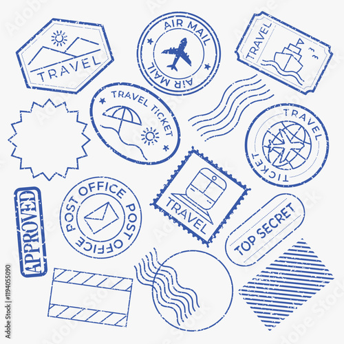Set of blue travel-themed stamps featuring airplanes, ships, and travel icons. Includes air mail, express delivery, and approved stamps. Travel stamps collection. Blue travel stamps, vector set.