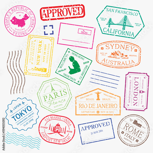 Colorful passport stamps from cities like Paris, Tokyo, and Sydney. Travel-themed stamps, approved and vibrant, showcasing global destinations and iconic landmarks. Colorful travel stamps, vector set.