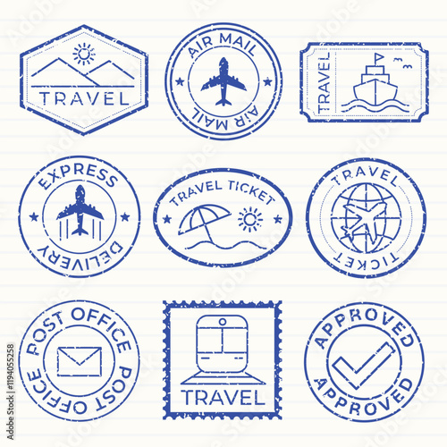 Set of blue travel-themed stamps featuring airplanes, ships, and travel icons. Includes air mail, express delivery, and approved stamps. Travel stamps collection. Blue travel stamps, vector set.